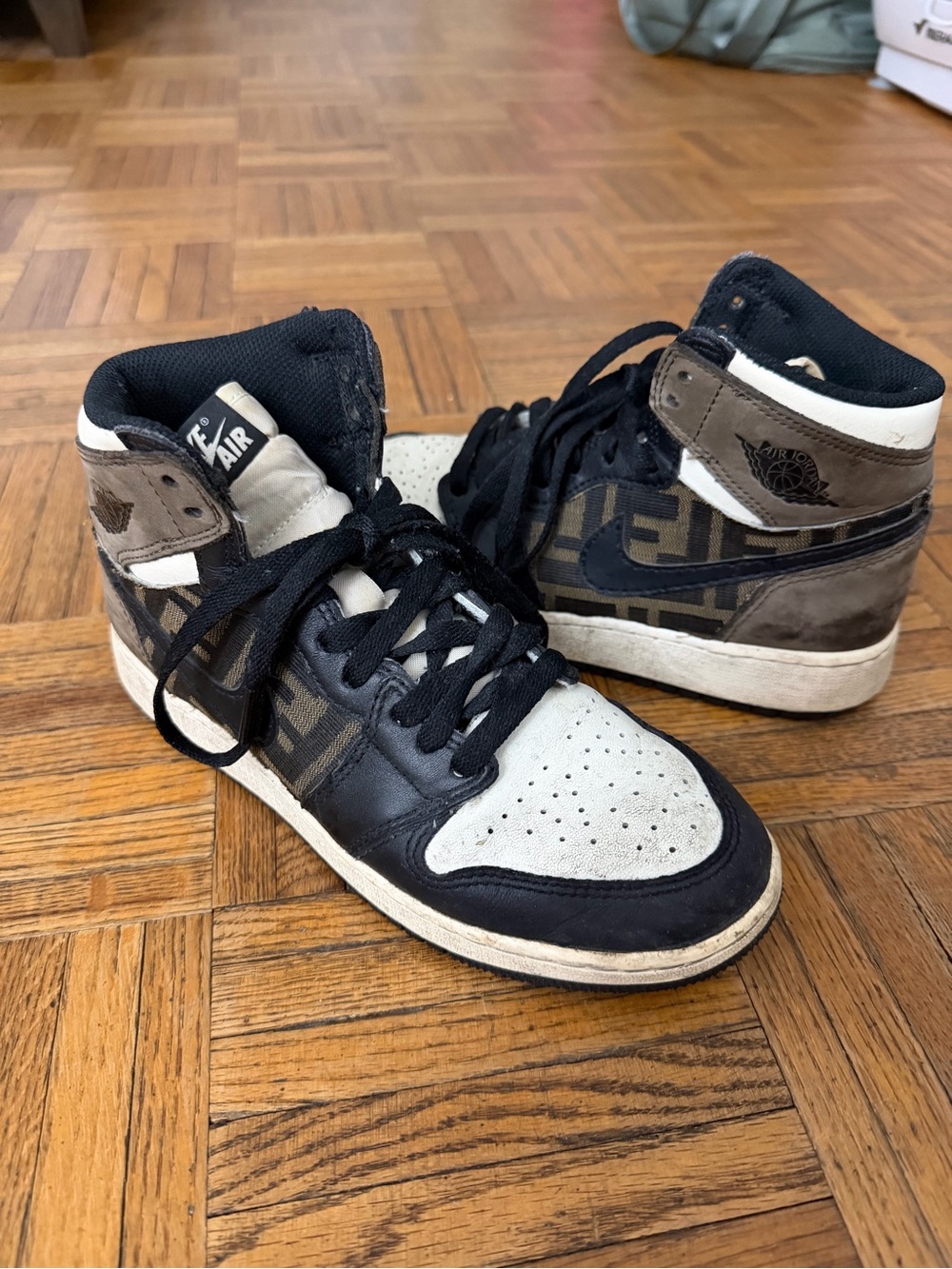Custom Fendi x Air Jordan Mochas High-Top Sneakers in Black, White, Brown